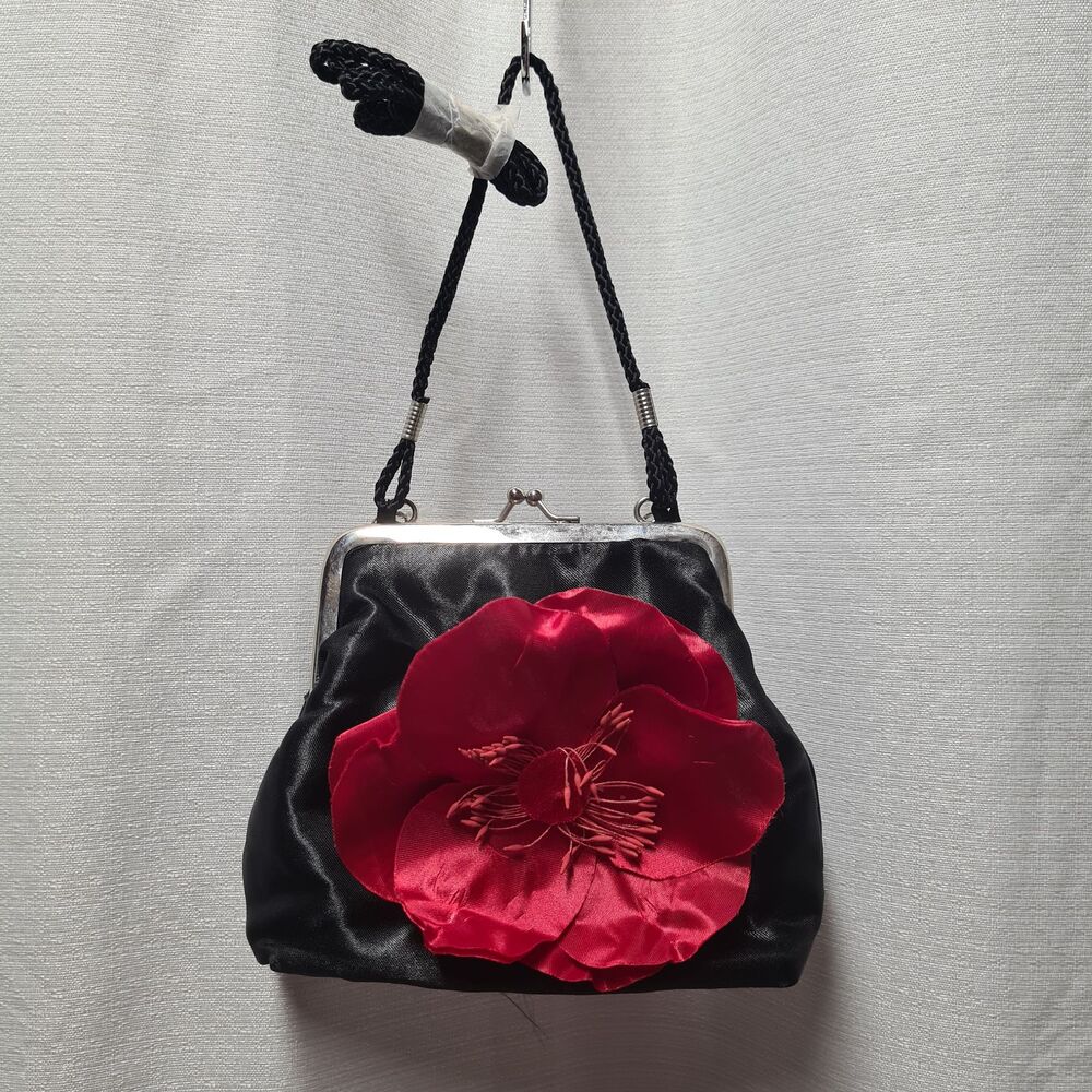 [NWT] Target Xhilaration Black Satin Red Flower Shoulder Bag Purse